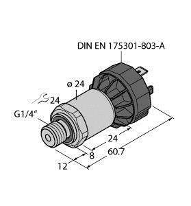 Szkic schematu elektrycznej wtyczki o wymiarach: długość 60,7 mm, szerokość 24 mm, wysokość 12 mm. Norma DIN EN 175301-803-A.