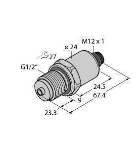 Rysunek techniczny cylindrycznego adaptera z gwintem. Wymiary: długość 67,4 mm, ø 24 mm, złącza M12 x 1 oraz G1/2".