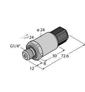 Rysunek techniczny cylindra z wymiarami: całkowita długość 72,6 mm, średnica 24 mm, gwint G1/4", szczegóły w milimetrach.