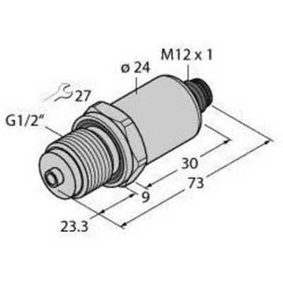 Diagram cylindrycznego adaptera z wieloma wymiarami: długość 73 mm, średnica na końcu 24 mm, z gwintem M12 x 1, G1/2" i 27 mm.