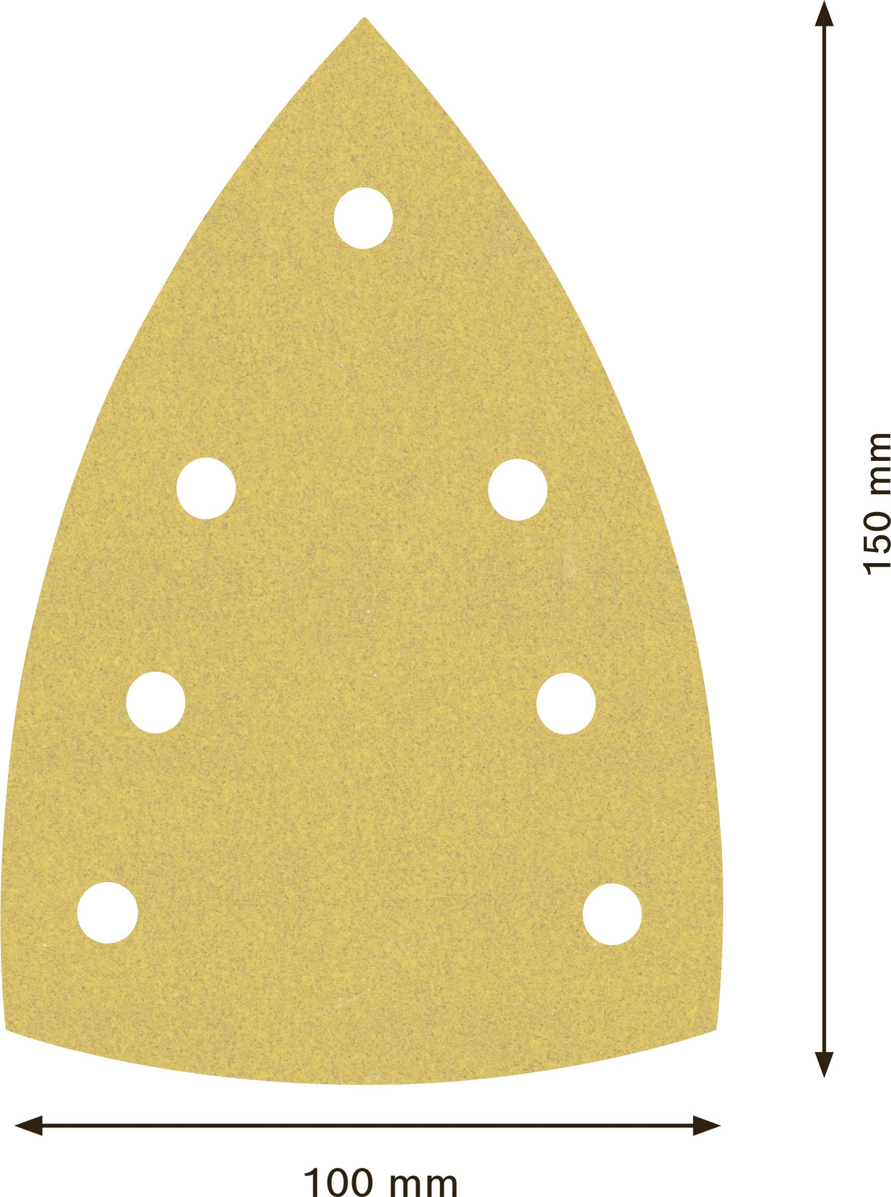 Trójkątny papier ścierny z siedmioma równomiernie rozmieszczonymi otworami, o wysokości 150 mm, szerokości 100 mm, przedstawiony ze strzałkami pomiarowymi.