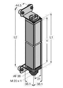 Rysunek techniczny części cylindrycznej z wieloma wymiarami, w tym 44,5, 36, 21, 38,1 mm, gwint M 20 x 1.