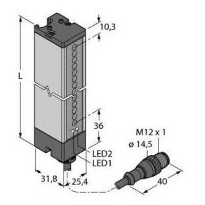Rysunek techniczny prostokątnego urządzenia z diodami LED (LED1, LED2) o wymiarach 10,3 L x 36 x 31,8 x 25,4 mm, złącze M12 x 1, średnica 14,5 mm, długość 40 mm.