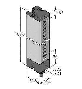Diagram prostokątnego elementu elektronicznego o wymiarach: 189,6 mm wysokości, 31,8 mm szerokości, 25,4 mm głębokości. Diagram pokazuje 'LED1' i 'LED2'.