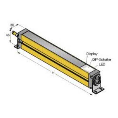 Rysunek techniczny prostokątnego czujnika z wyświetlaczem, przełącznikiem DIP i wskaźnikiem LED. Wymiary: szerokość 36 mm, wysokość 45 mm.