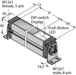 Rysunek elementu elektronicznego z opisami: 'Wtyk M12x1, 8-pinowy', 'Gniazdo M12x1, 5-pinowe', 'Wyświetlacz', 'Dioda LED', 'Przycisk'