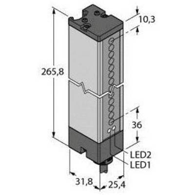 Schemat prostokątnego elementu elektronicznego z wymiarami. Wysokość: 265,8 mm, szerokość: 31,8 mm, głębokość: 25,4 mm. Dwie diody LED oznaczone jako LED1 i LED2.