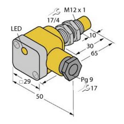 Schemat elektrycznego złącza wtykowego z podanymi wymiarami: całkowita długość 50 mm, szerokość 29 mm, złącze Pg 9, wskaźnik LED.