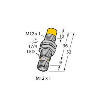 Przemysłowy złącze M12 z żółtym zakończeniem, wskaźnikiem LED i wymiarami: długość 52 mm, 36 mm do 10 mm odsadzek, gwint M12 x 1.