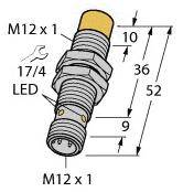 Czujnik z gwintem M12, wskaźnikiem LED oraz różnymi wymiarami: długość całkowita 52 mm, średnica gwintu 12 mm, rozstaw klucza 17 mm.