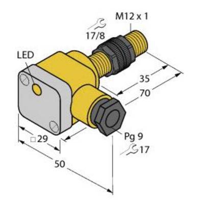 Rysunek techniczny żółtego złącza z wymiarami: 50 mm, 29 mm, 35 mm, 70 mm. Oznaczenia gwintów M12 x 1 oraz Pg 9.