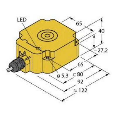 Rysunek techniczny przedstawia prostokątną, żółtą obudowę z wyświetlaczem LED. Wymiary: 65x122 mm (szerokość x długość), otwory i złącza po lewej stronie.