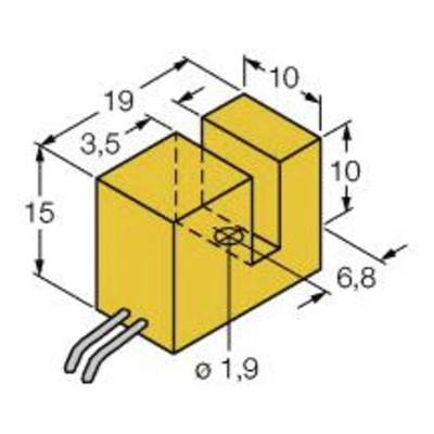 Rysunek techniczny: Żółty element w kształcie litery L z wymiarami. Wymiary: 19x15x10 mm, wycięcie 3,5x6,8 mm. Średnica 1,9 mm.