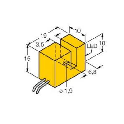 Żółty element LED z wyprowadzeniami; wymiary: 19x15x10 mm, otwór 1,9 mm, wysokość 6,8 mm. Rysunek techniczny pomocny przy montażu.