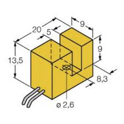 Żółta figura kubiczna ze szczegółowymi wymiarami: szerokość 20 mm, wysokość 13,5 mm, górna struktura o wysokości 9 mm. Średnica otworu 2,6 mm.