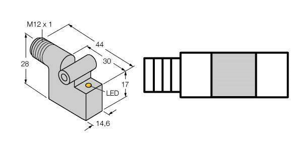 Rysunek techniczny złącza z gwintem M12x1, wskaźnikiem LED oraz wymiarami: 28, 44, 30, 17 i 14,6 mm.