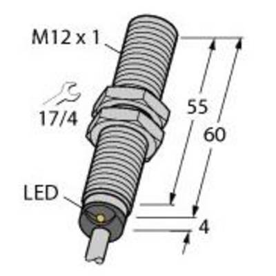 Cylindryczny czujnik z gwintem M12x1, o długości 60 mm i wskaźnikiem LED na końcu. Klucz 17/4 pasuje do niego.