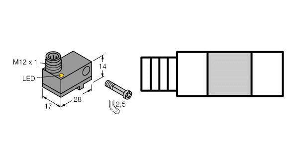 Diagram przedstawia prostokątny element elektryczny z przyłączem M12 x 1 i wskaźnikiem LED. Wymiary: 28 x 17 x 14 mm.
