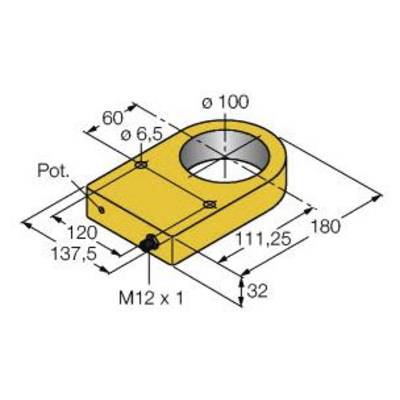 Rysunek techniczny żółtej części metalowej. Wymiary: 180 x 120 x 32 mm, średnica otworu 100 mm. Gwint M12 x 1.
