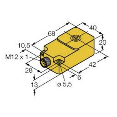 Rysunek techniczny prostokątnego czujnika. Wymiary: 68x40 mm, wysokość 20 mm. Złącze M12x1, otwór montażowy Ø 5,5 mm. Szczegółowe rozstaw.
