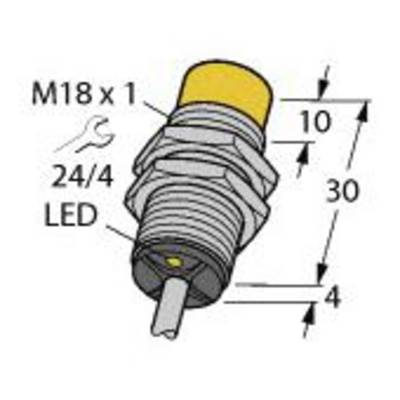 Obraz indukcyjnego czujnika zbliżeniowego z parametrami technicznymi: gwint M18 x 1, długości 30 mm i 10 mm, wskaźnik LED 24/4.