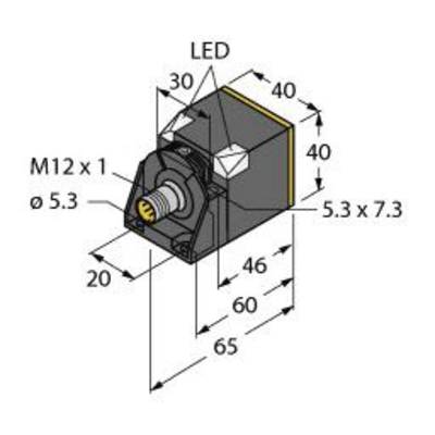 Schemat prostokątnego złącza z wskaźnikiem LED. Wymiary: 65 mm długości, 46 mm szerokości, 40 mm wysokości. Gwint M12 x 1.