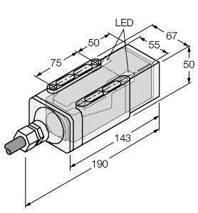 Rysunek techniczny prostokątnego czujnika z wyświetlaczem LED. Wymiary: 190 mm długości, 50 mm szerokości, 67 mm wysokości.