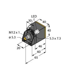 Diagram elektronicznego czujnika z gniazdem M12, wskaźnikiem LED i wymiarami: 65x40x40 mm. Złącza i elementy sterujące wyróżnione.