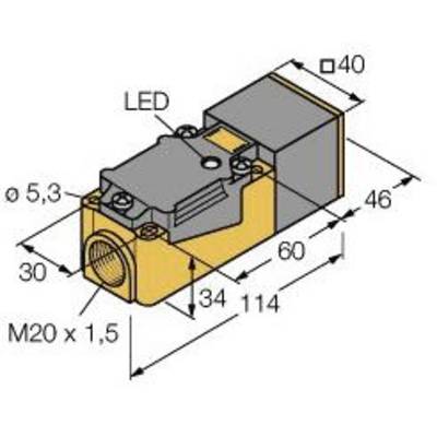 Rysunek techniczny zaworu z wymiarami: 114 mm długości, 46 mm wysokości, 40 mm szerokości. Oznaczone: 'Ø5,3', 'M20 x 1,5', 'LED'.