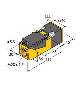 Rysunek techniczny urządzenia elektrycznego o wymiarach: 114 mm długości, 46 mm wysokości, 40 mm szerokości. Wskaźnik LED; złącze M20 x 1,5.