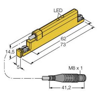 Rysunek techniczny żółtego czujnika z diodą LED. Wymiary: 62x73 mm, wysokość 14,5 mm. Przedstawiono wtyczkę przyłączeniową M8x1.