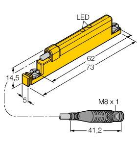 Rysunek czujnika z wyświetlaczem LED i złączem kablowym M8 x 1. Wymiary: 62 mm szerokości, 73 mm długości, 14,5 mm wysokości.