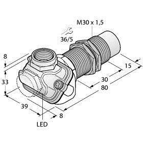 Rysunek techniczny połączenia śrubowego z podanymi wymiarami: M30 x 1,5, długości 39, 33, 15, 36/5 mm; oznaczenie LED z boku.