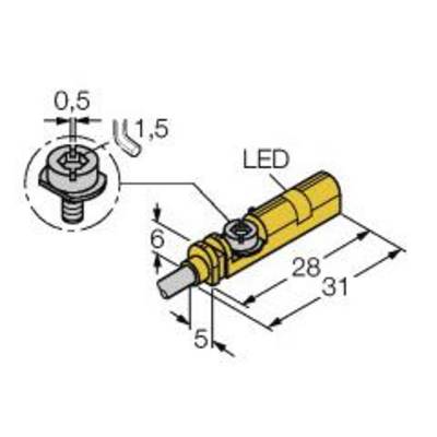 Rysunek techniczny elementu LED z wymiarami. Pokazuje pozycję śruby i odległości: długość 31 mm, 28 mm do LED, średnica otworu gwintowanego 1,5 mm, głębokość 5 mm.