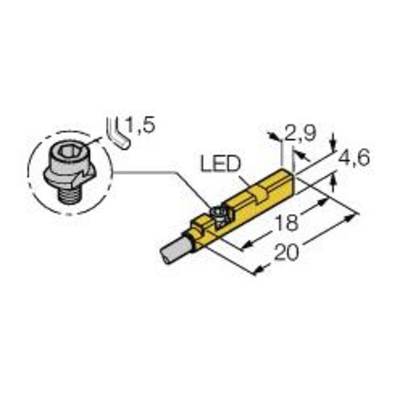 Rysunek LED-a w obudowie o wymiarach: 18 mm długości, 2,9 mm szerokości, 4,6 mm wysokości. Gwint śruby 1,5 mm.