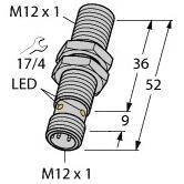 Rysunek techniczny cylindrycznego elementu z wymiarami: długość 52 mm, średnica M12 x 1; zawiera diodę LED, ikonę klucza i oznaczenia wymiarowe.