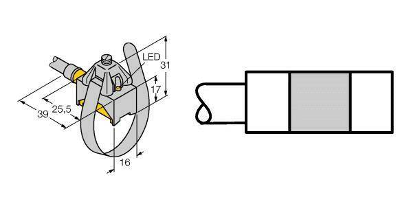 Rysunek techniczny zacisku LED z wymiarami: 31 mm, 25,5 mm, 39 mm oraz 16 mm. Przedstawia pozycję diody LED i kąt montażowy.