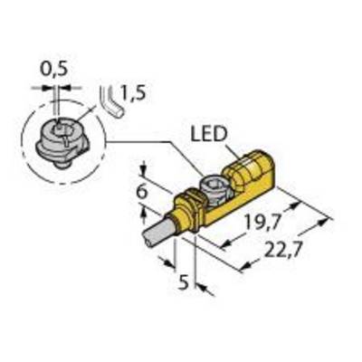'Rysunek techniczny złącza LED z oznaczeniami wymiarów: 0,5; 1,5; 6; 5; 19,7; 22,7 mm. Element jest wyróżniony na żółto.'