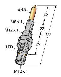 Rysunek techniczny czujnika z wymiarami: długość 88 mm, średnica 4,9 mm, gwint M8 x 1 oraz M12 x 1. Posiada wskaźnik LED.