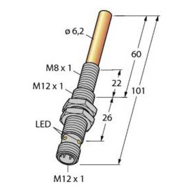 Diagram cylindrycznego wtyczki z wymiarami. Oznaczenia wskazują rozmiary gwintu M8 x 1 i M12 x 1 oraz całkowitą długość 101 mm.
