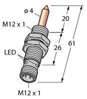 Rysunek cylindrycznego czujnika z oznaczeniami gwintu M12 x 1, całkowita długość 61 mm, lampka sygnalizacyjna LED, średnica Ø4 mm.