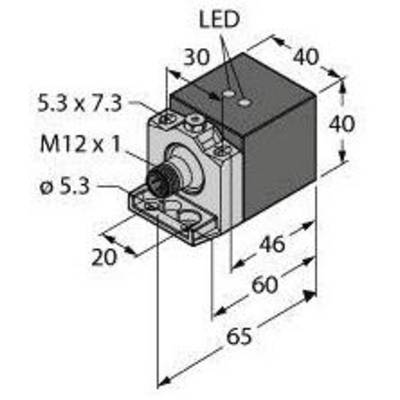 Rysunek techniczny prostokątnego urządzenia z wymiarami. Główne wymiary: 65x40x46 mm. Adnotacje: 'LED', 'M12 x 1', 'Średnica 5,3'.