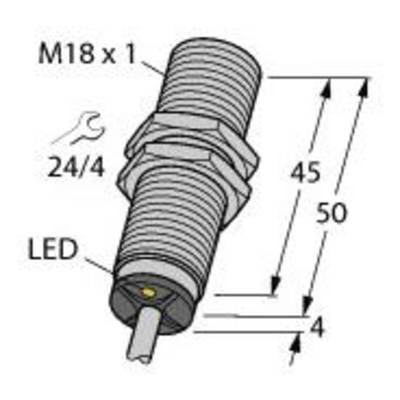 Wymiarowanie urządzenia LED: 'M18 x 1', całkowita długość 50 mm, pozostałe wymiary 45 mm i 4 mm. Rozmiar narzędzia '24/4'.