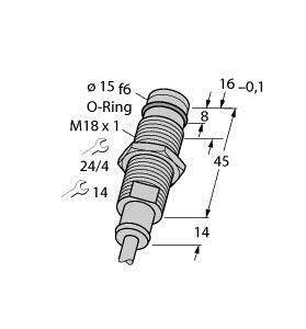 Rysunek techniczny świecy zapłonowej z gwintem M18x1, Ø15 f6. Dodatkowe wymiary: długość 45 mm, odległości 8 mm, 14 mm. Zawiera symbole rozmiarów kluczy: 24 i 14.