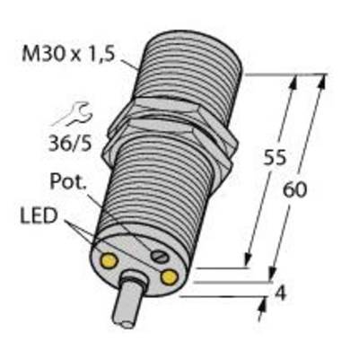 Rysunek techniczny cylindrycznego czujnika z gwintem M30 x 1,5, o całkowitej długości 60 mm, z zaznaczonymi wymiarami i wskaźnikiem LED.