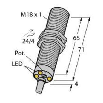 Schemat przedstawia cylindryczny czujnik o parametrach: gwint M18 x 1, długość 71 mm, obudowa 65 mm, wskaźnik LED.