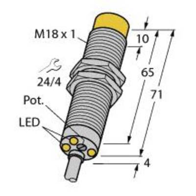 Rysunek cylindrycznego czujnika z informacjami o produkcie: rozmiar gwintu M18 x 1, całkowita długość 71 mm, wskaźnik LED i potencjometr.