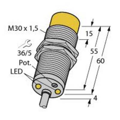 Diagram cylindrycznego czujnika z wymiarami: długość 60 mm, średnica M30 x 1,5. Zawiera wskaźnik LED oraz elementy regulacyjne.