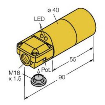 Żółty cylindryczny czujnik z diodą LED, Ø 40 mm, długość 90 mm. Złącze M16 x 1,5, potencjometr. Długość przewodu 55 mm.