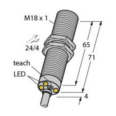 Rysunek cylindrycznego czujnika o wymiarach 65 mm i 71 mm. Oznaczenia: 'M18 x 1', 'teach', 'LED', '24/4'.